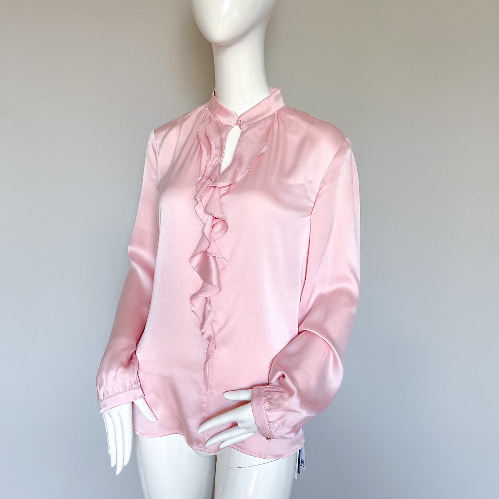 NEW Marc Cain Silk Blouse Light Pink Ruffle Button Front N2 6US